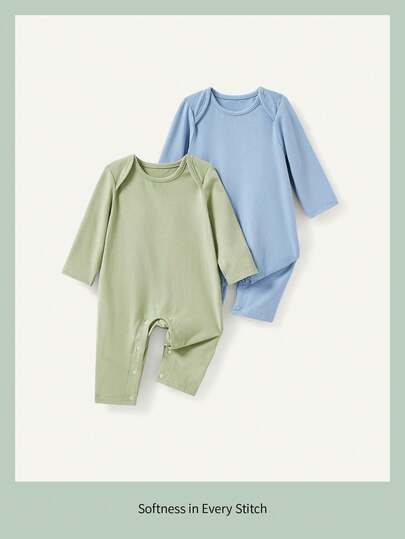 Cozy Pixies Baby Boy Casual Solid Color Long Sleeve Overlapping Shoulder Jumpsuit 2pcs Set