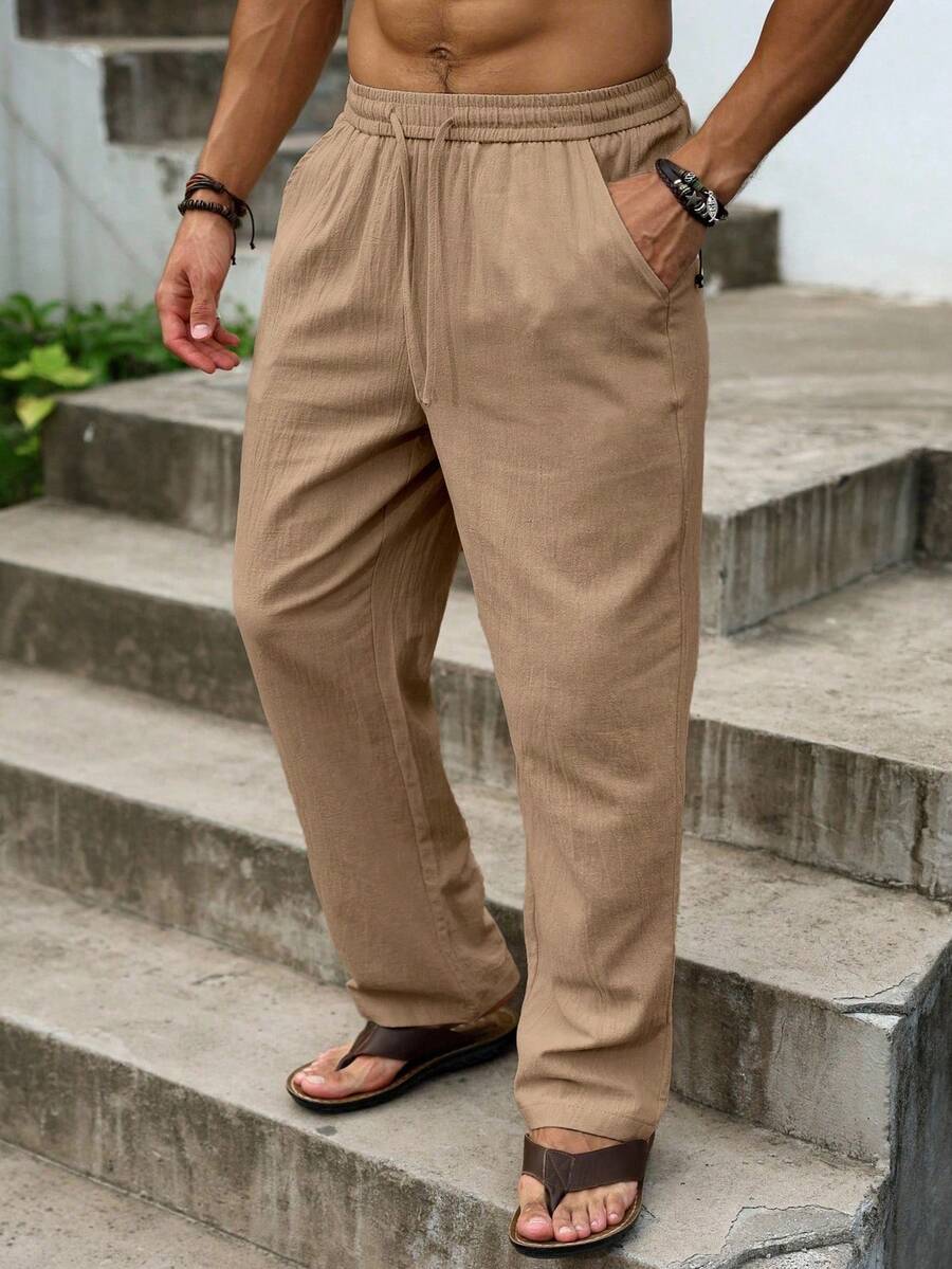 Genlund 大尺碼男士素色抽繩腰口袋休閒日常穿著長褲 亞麻男褲 男士休閒長褲 男士夏季長褲 男士亞麻長褲 男士休閒度假亞麻長褲 - 卡其色 - 查看 1