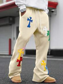 PAVTROS Men's Casual Loose Cross Embroidery Sweatpants - Apricot - View 6