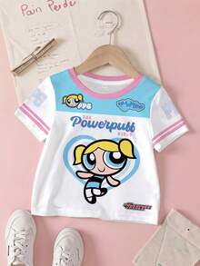 THE POWERPUFF GIRLS X SHEIN 女童字母卡通印花圆领短袖休闲T恤 - 白色 - 查看 1