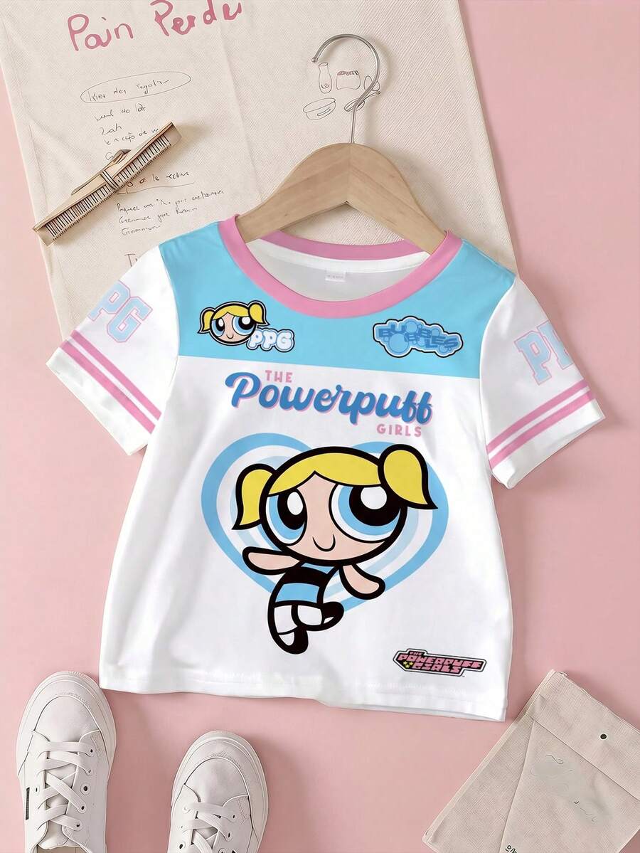 THE POWERPUFF GIRLS X SHEIN 女童字母卡通印花圆领短袖休闲T恤 - 白色 - 查看 1