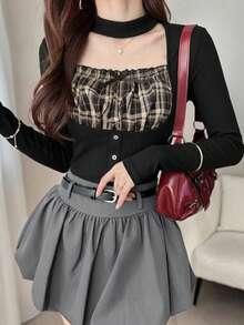 FRIFUL Women's Halter Neck Plaid Fabric Patchwork Puff Short Sleeve Fitted Waist Button Decor Sweet Spicy Style Summer T-Shirt Cute Top - Black - View 7