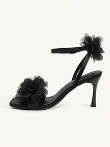 CUCCOO CHICEST 女款春夏季仙女風粉色花朵裝飾方頭細跟字母帶扣 8.5cm 高跟涼鞋 性感約會婚禮度假派對鞋 - 黑色 - 查看 11
