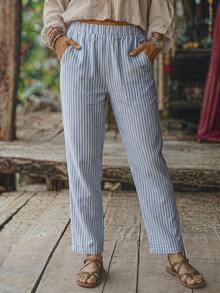 EMERY ROSE Elastic Waist Striped Casual Pants - Multicolor - View 1