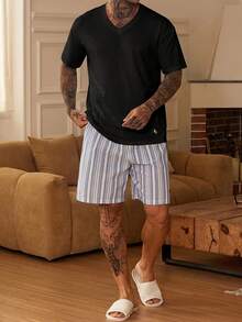 DAZY Short Sleeve Top And Shorts Set With Small Pattern Embroidery, Multi-Color Men's Loungewear - Black - View 6