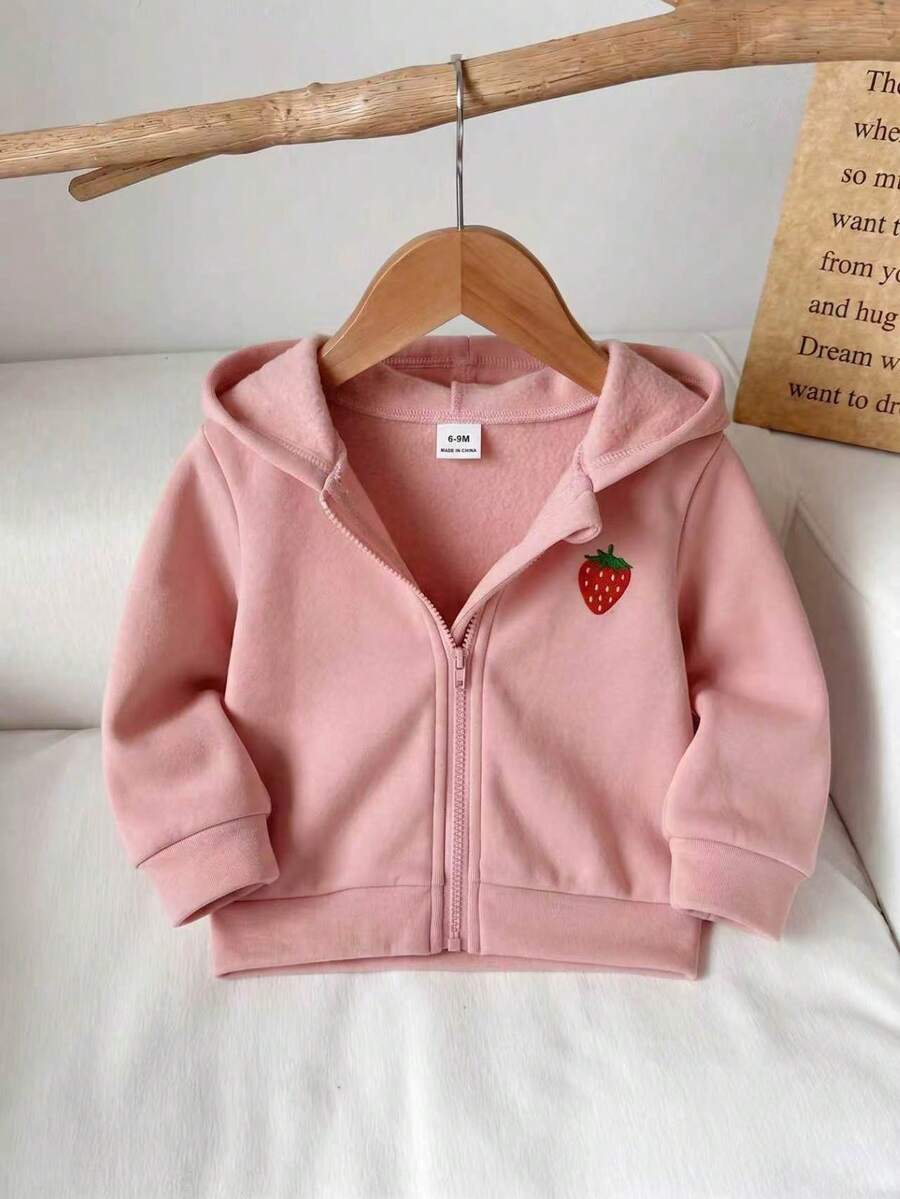 SHEIN 1件女嬰粉色純色保暖內裡加厚連帽拉鍊長袖毛絨保暖外套上衣，附草莓刺繡，休閒甜美可愛韓風外套，適合秋冬日常外出、上學、旅行、度假、派對等場合