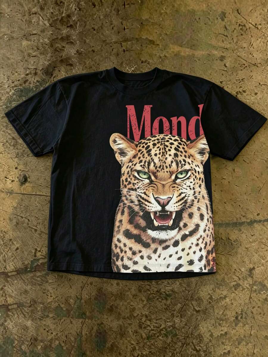 IslaSuriya Men's Summer Casual Letter And Leopard Print Crew Neck Short Sleeve T-Shirt