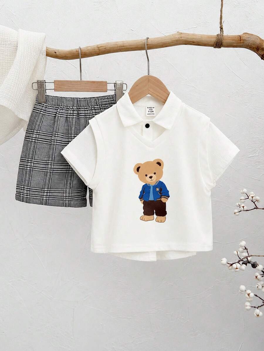 SHEIN 3件套男童学院风卡通熊印花背心、白衬衫、松紧腰短裤绅士套装