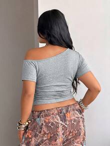 Coolane Women's Plus Size Summer Streetwear Sexy Vintage Going Out Holiday Goth Y2K Punk Grommet Asymmetrical Neck Fitted Short Sleeve Grey T-Shirt - Grey - View 4