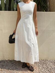 DAZY Elegant Casual Modest Basic Vacation Style Midi Dress For Women, Spring Summer White Sundress - Apricot - View 3