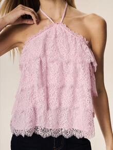 Willow Rêve Top halter de mujer rosa con volantes de encaje en capas, estilo bohemio, Día de San Valentín, estilo romántico de vacaciones - Rosa - Ver 3