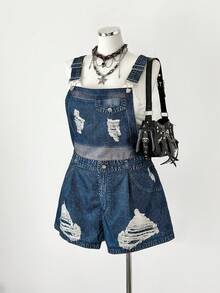 Sunspun Plus Size Women Loose Casual Denim Print Romper - Blue - View 1