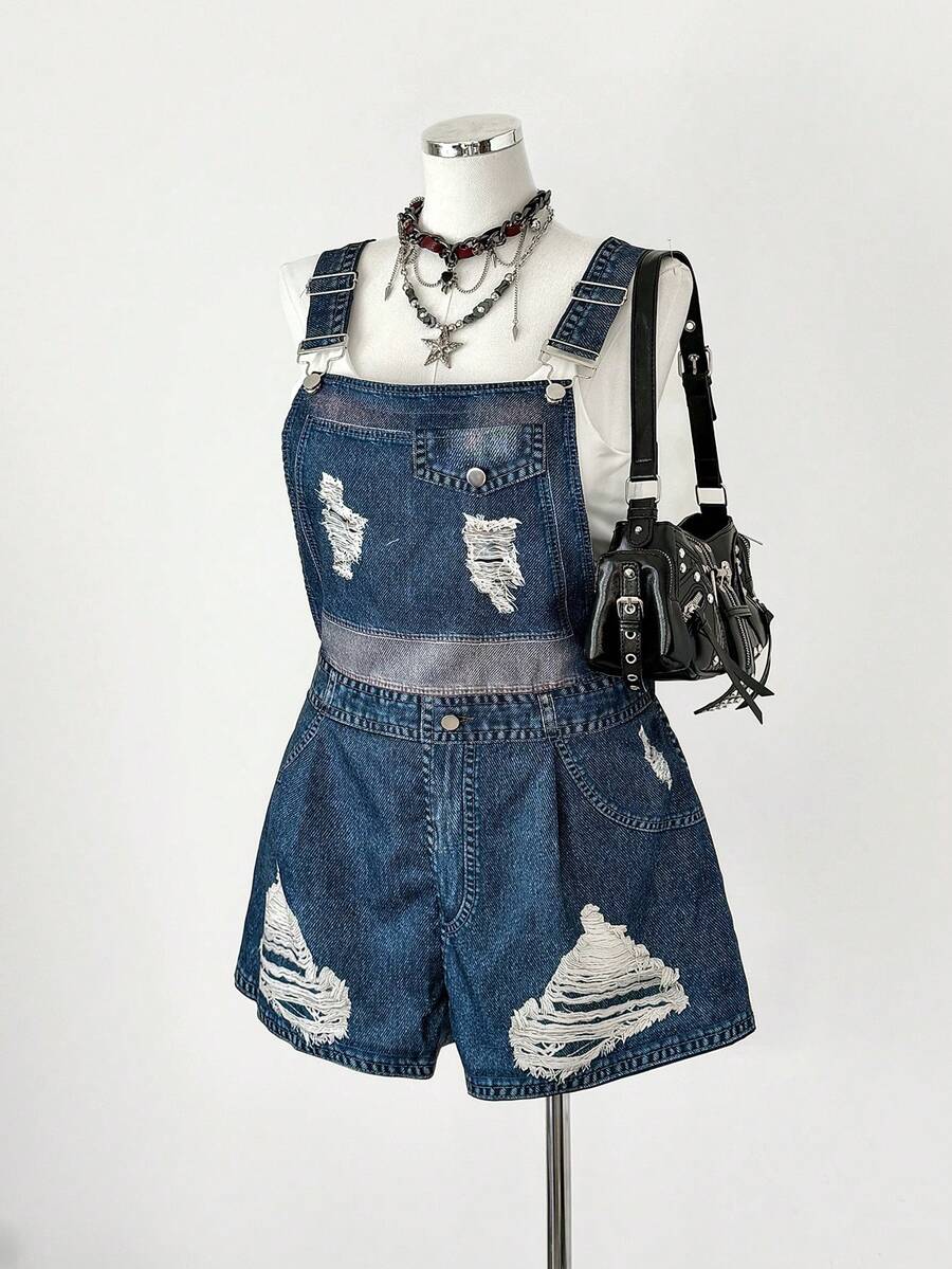 Sunspun Plus Size Women Loose Casual Denim Print Romper - Blue - View 1