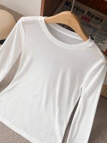 Livesso Women's White Semi-High Neck Long Sleeve Semi-Sheer Solid Color Slim Fit Minimalist All-Match Versatile Base Layer T-Shirt Autumn Everyday - White - View 3