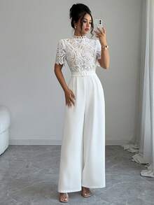 Elenzga 2026 Spring/Summer Elegant Outing & Date Multi-Occasion Small Stand Collar Lace Embroidered Patchwork Jumpsuit - White - View 6
