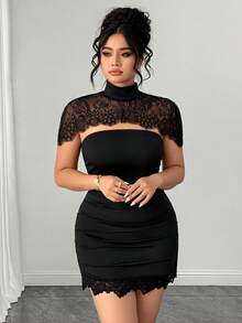SHEIN Clasi Plus Size Women's Spring Summer Detachable Collar Lace Splicing Stand Collar Slim Dress Suitable For Cocktail Sexy Formal Elegant Black - Black - View 5