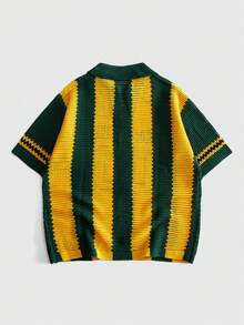 ROMWE MEN 世界盃巴西隊字母刺繡針織寬鬆V領POLO風T恤 - 黃色 - 查看 3