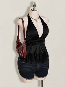 SHEIN ICON 女款素色深V領抓皺腰部性感掛脖上衣 - 黑色 - 查看 7