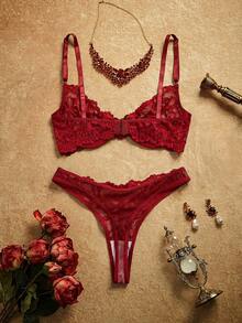 PinupPomp Floral Lace Underwire Lingerie Set - Burgundy - View 2