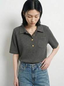 FRIFUL Women's Fitted Polo Collar Metal Button Decor Short Sleeve T-Shirt, Summer Ribbed Shirt Collared Shirt Knit Top Summer Top Preppy Top - Grey - View 10