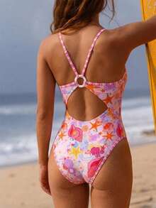 SHEIN Swim Women's Ocean Starfish Fresh High Saturation Dopamine Summer Energetic Print One-Piece Swimsuit Sports Surfing Suit Slimming Backless Vacation Pink - Pink - View 2