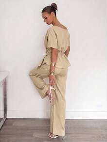 Siren Gaze Luxury Elegant Cotton Set Khaki Asymmetric Neck Short Sleeve Shirt Long Pants 2 Pieces Sets Women Summer Office Date Vacation Everyday Casual Outfits - Khaki - View 4