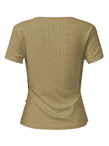 EMERY ROSE Women's Solid Color V-Neck Short Sleeve Pleated Button Design Casual T-Shirt - Rust Brown - View 2
