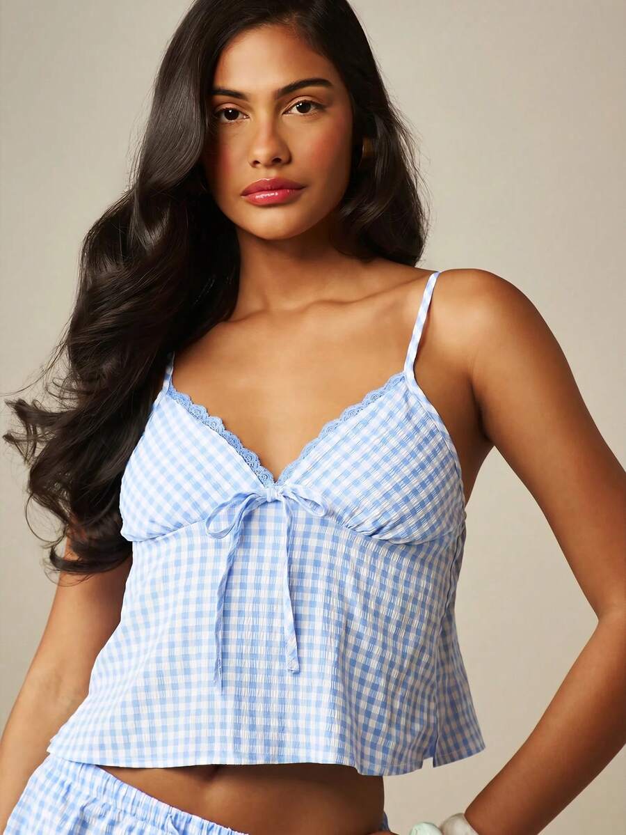 MISSGUIDED Gingham Check Lace Trim Cami Top With Tie Front Detail Spaghetti Strap Lounge Crop Top - Blue and White - View 1
