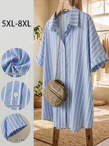 SHEIN CURVE+ Plus Size Women's Loose Casual White Short Sleeve Shirt, Holiday & Summerbeach Outfits For Woman/Beach Dress/Beach Vacation Outfits/Beach Essentials / Graduation/Tea Party Dresssummer/Country/Beach Vacation Outfits/Beach Outfits/Beach Wear - Blue and White - View 6