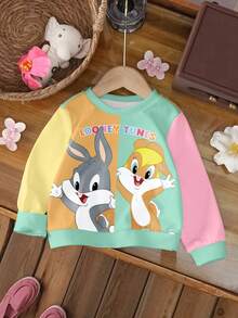 LOONEY TUNES X SHEIN 女婴休闲日常通勤可爱卡通兔子字母图案撞色圆领卫衣，春秋季 - 白色 - 查看 7