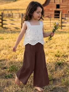 Emery Rose Kids Emery Rose Kids 少女編織素色方領荷葉邊休閒背心與長褲兩件組 - 棕色 - 查看 4