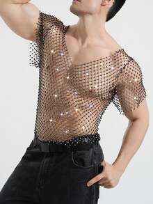 DSELFIQUE Herren glänzendes Strass-Fischernetz T-Shirt, sexy transparentes Mesh Rave, Musikfestival Kurzarm, Party Nachtclub Kleidung - Schwarz - Übersicht 1