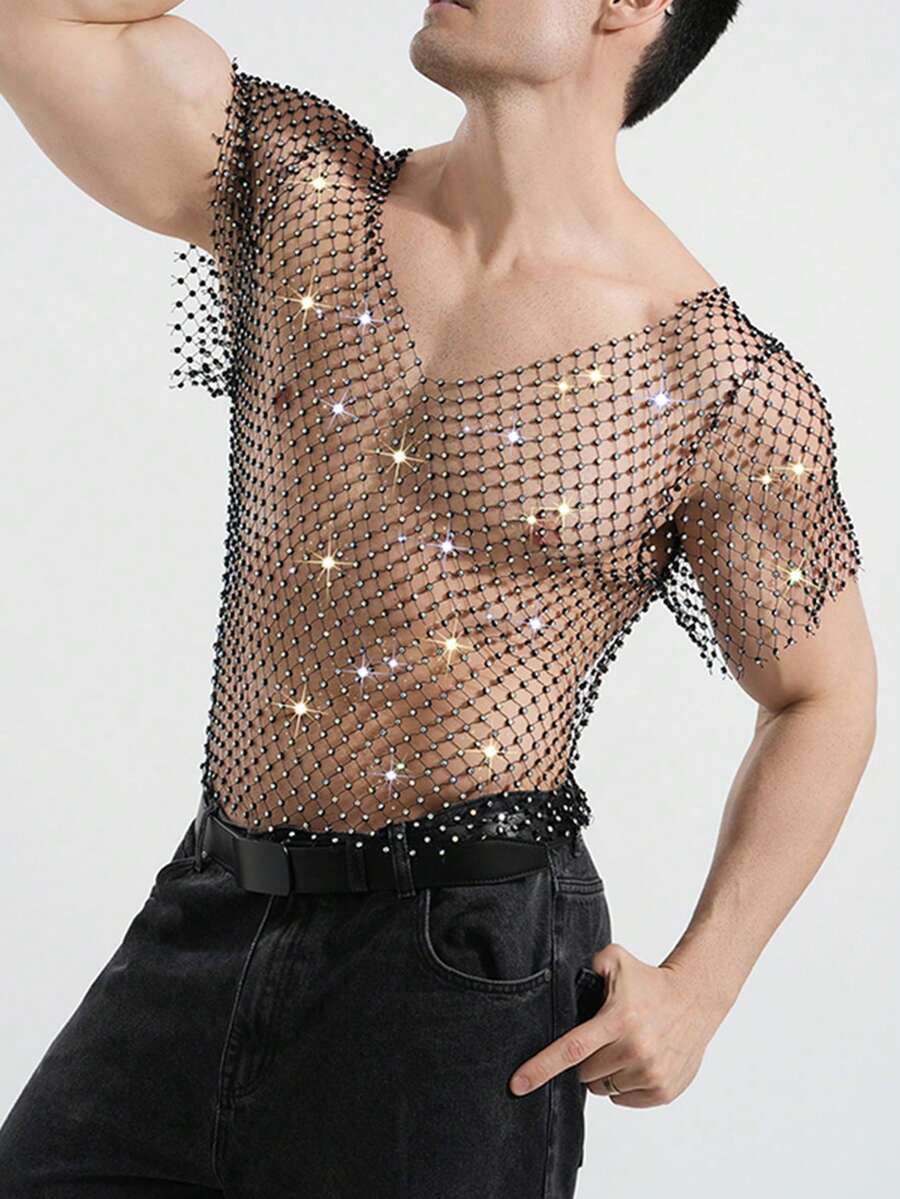 DSELFIQUE Herren glänzendes Strass-Fischernetz T-Shirt, sexy transparentes Mesh Rave, Musikfestival Kurzarm, Party Nachtclub Kleidung - Schwarz - Übersicht 1