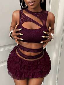 BamGleam Summer Sexy Hollow Out Lace Tank Top Club Night Burgundy - Burgundy - View 6