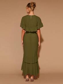 COSMINA Women's Elegant Ruffle Short Sleeve Round Neck Long Dress For All Seasons, Valentine's Day, Date, Party - Army Green - View 2