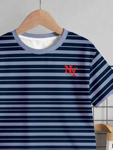 Young Boy Casual Simple T-Shirt Set, Classic Cool Handsome Retro Striped Pattern Print, NY Text Pattern Print, Suitable For Spring And Summer, Suitable For Campus - Multicolor - View 5