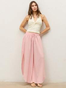 CielaLinda Women's Crinkled Wide-Leg Pants With Side Slit, Elegant Casual Boho Resort Vacation Trousers Beach Dusty Pink Summer - Pink - View 5