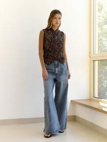 Nöista Mandarin Neck Jacquard Top-For Night Out Vacation, Formal Event, Day-To-Night; Autumn Everyday. - Coffee Brown - View 5