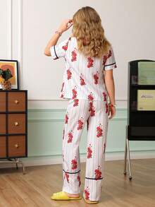 Chillnights Casual Home & Outdoor Wear, Vacation Striped Floral Print, Contrast Piping Lapel Short Sleeve Women's Pajama Long Pants Set - Multicolor - View 2