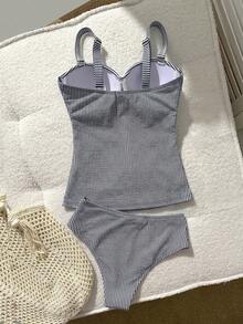 Swim Lushoire 海軍藍與白色平胸硬杯長款泳衣上衣搭配高腰三角比基尼泳褲 2件套 海灘度假 夏季 海岸 熱帶風 - 黑與白 - 查看 2