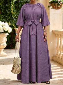 Fleurora Plus Size Women's Round Neck Raglan 3/4 Sleeve Casual Dress Fall - Purple - View 1