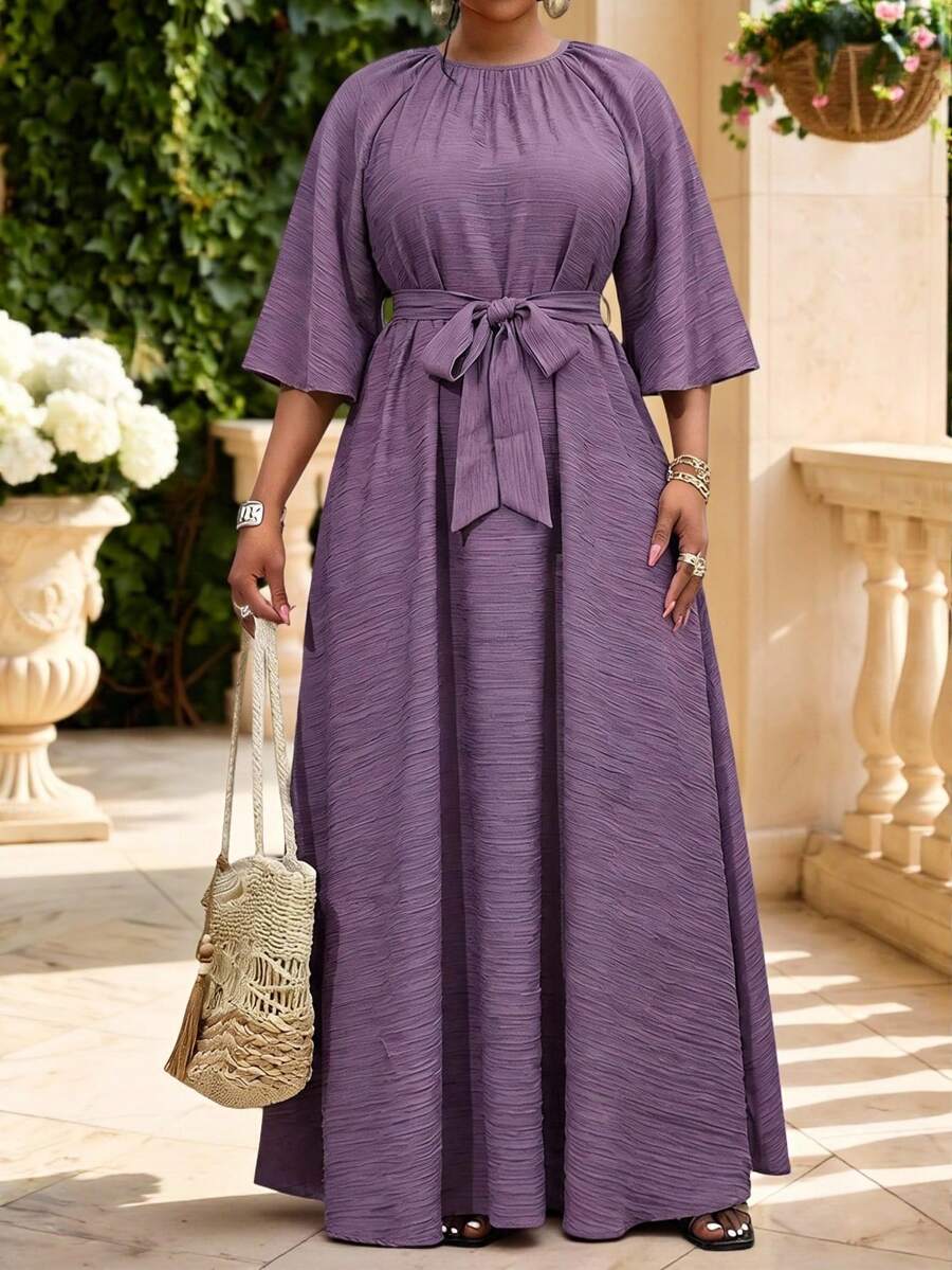Fleurora Plus Size Women's Round Neck Raglan 3/4 Sleeve Casual Dress Fall - Purple - View 1