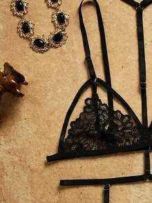 PinupPomp Floral Lace Harness Garter Lingerie Set - Black - View 3