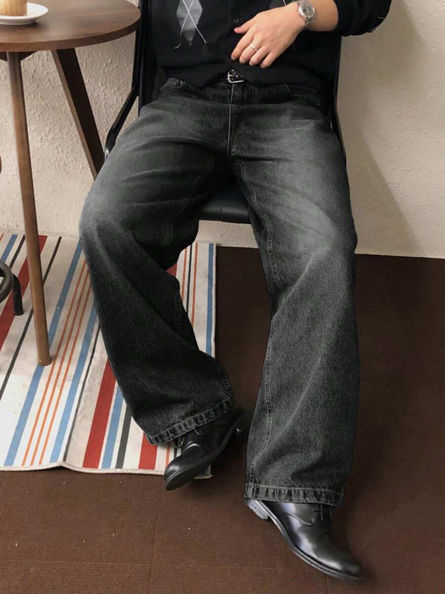 DAZY 男士复古水洗深蓝色牛仔裤,秋季款 - 黑色 - 查看 1