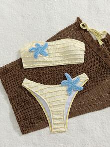 Bonvoyette Summer Beach Vacation Viral Women's Bandeau Top With Detachable Straps, Starfish Embellishment, Special Random Fabric Texture, High-Cut Bottoms - Yellow - View 5