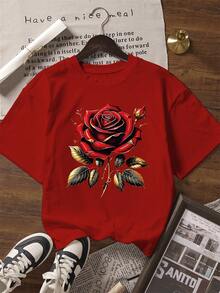 INAWLY Women's Casual Rose Flower Print Round Neck Short Sleeve T-Shirt, Summer - Red - View 1