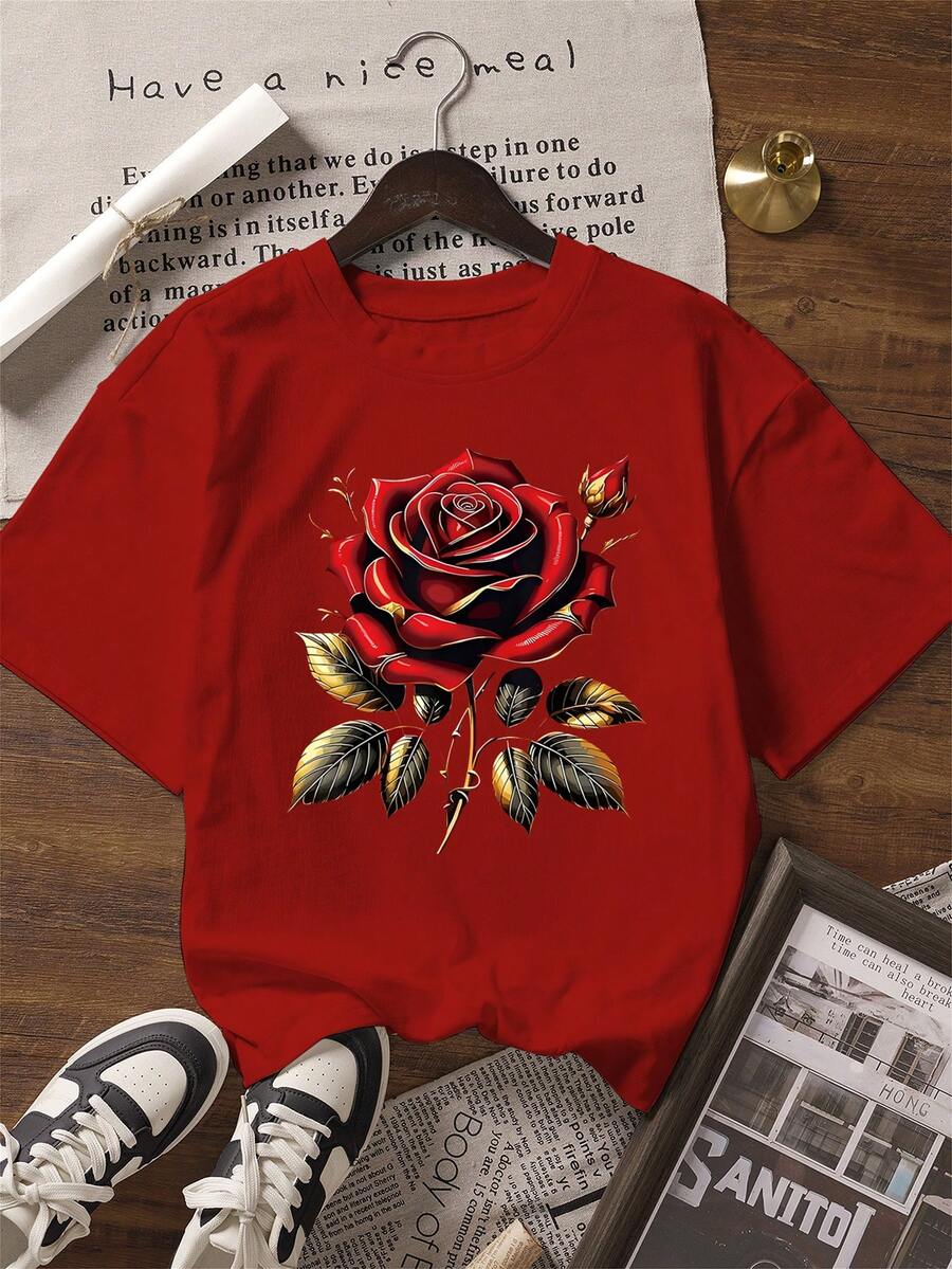 INAWLY Women's Casual Rose Flower Print Round Neck Short Sleeve T-Shirt, Summer - Red - View 1