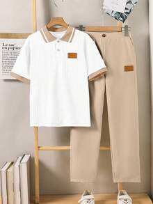 SHEIN 2件組 青少年男孩紳士套裝 短袖POLO衫 + 長版西裝長褲 優雅正式穿搭 生日派對 晚會演出 婚禮 洗禮 首週歲 畢業禮 花童 戒童 - 卡其色 - 查看 3