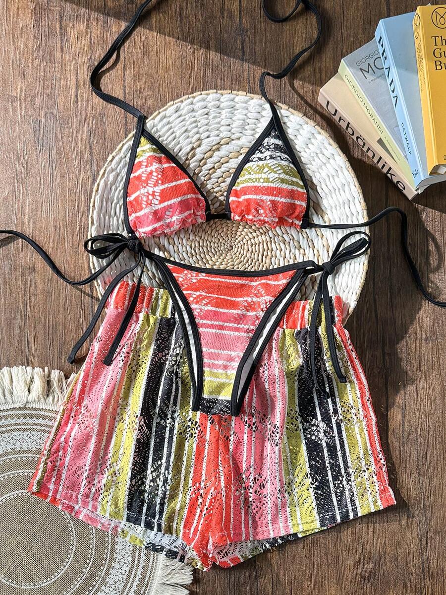 Swim Vcay Conjunto de 3 piezas de cubrebikini de tela de ganchillo estilo bohemio con cordón ajustable - Multicolor - Ver 1