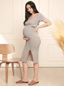 SHEIN Vestido casual de maternidad para lactancia con diseño de bajo acanalado a la rodilla y abertura alta, ropa de embarazo - Albaricoque - Ver 6